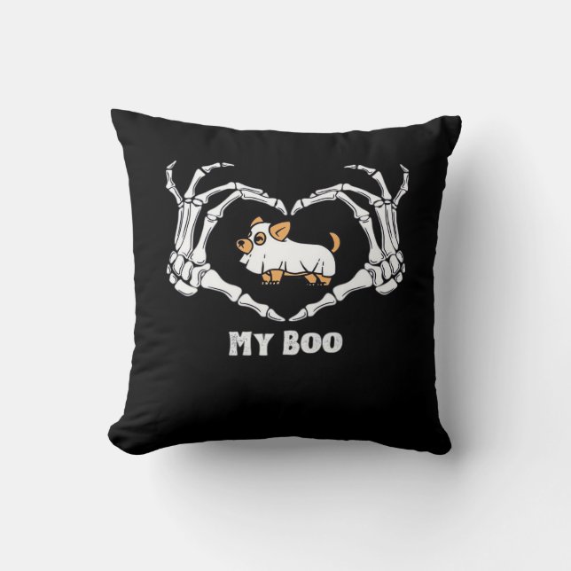 My Boo Chihuahua Costume With Skeleton Heart Hands Throw Pillow (Front)