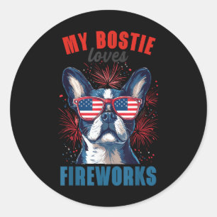 My Boston Terrier Loves Fireworks 4th Of July Dog Classic Round Sticker