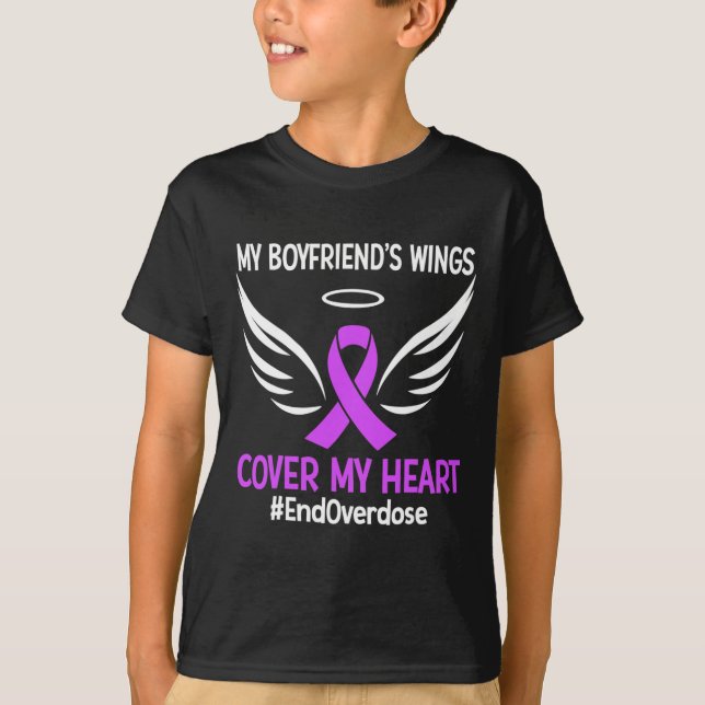 My Boyfriend's Wings Cover My Heart Purple Ribbon  T-Shirt (Front)