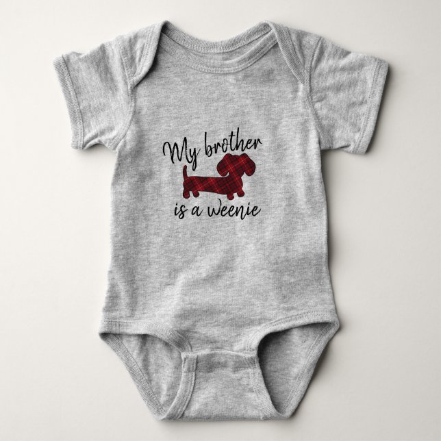 My Brother is a Weenie - Wiener Dog Red Plaid Baby Bodysuit (Front)