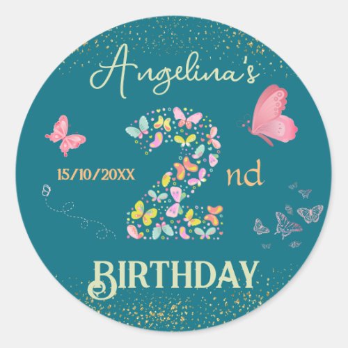 My butterfly is turning two fluttering butterfly  classic round sticker
