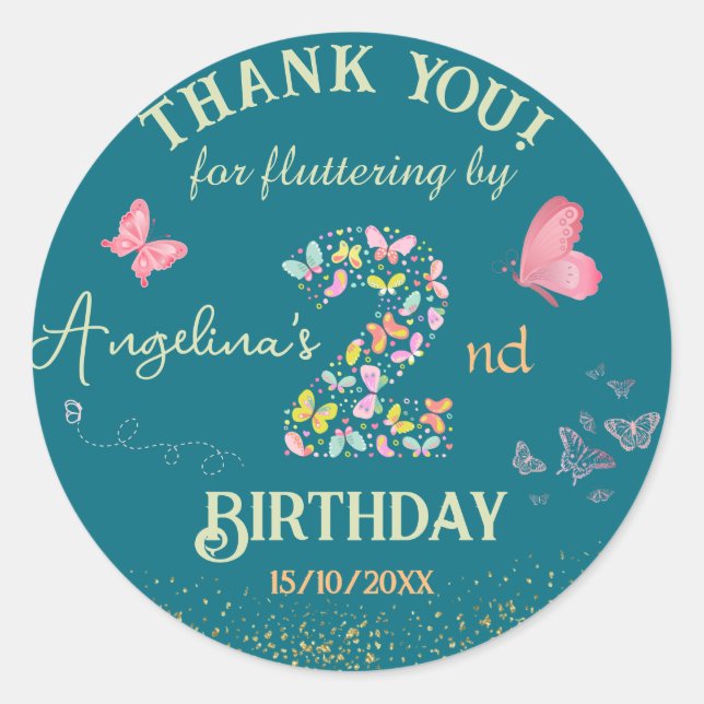 My butterfly is turning two: fluttering butterfly classic round sticker (Front)