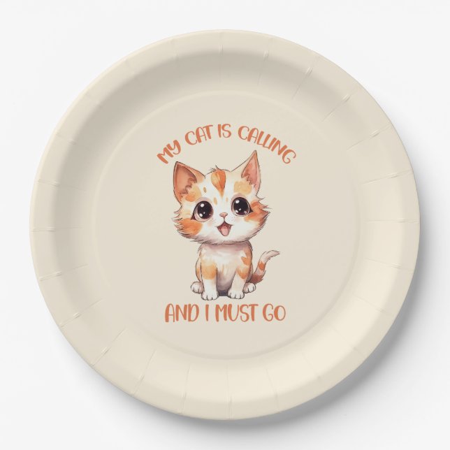 My Cat Is Calling Cute Orange Cat Paper Plates (Front)