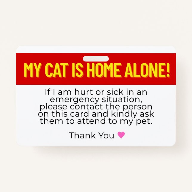 My Cat Is Home Alone Emergency Contact Card Badge (Front)
