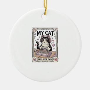 My Cat Is Player Two Cat Gamer Tech Vintage Vector Ceramic Ornament