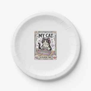 My Cat Is Player Two Cat Gamer Tech Vintage Vector Paper Plates