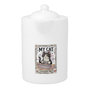 My Cat Is Player Two Cat Gamer Tech Vintage Vector Teapot