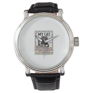 My Cat Is Player Two Cat Gamer Tech Vintage Vector Watch