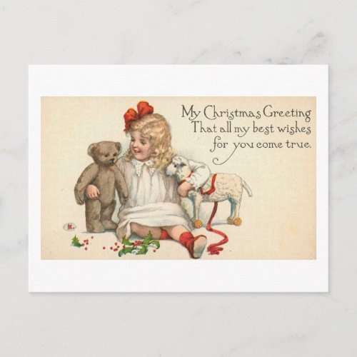 MY Christmas Greeting Child with Teddy Bear Holiday Postcard