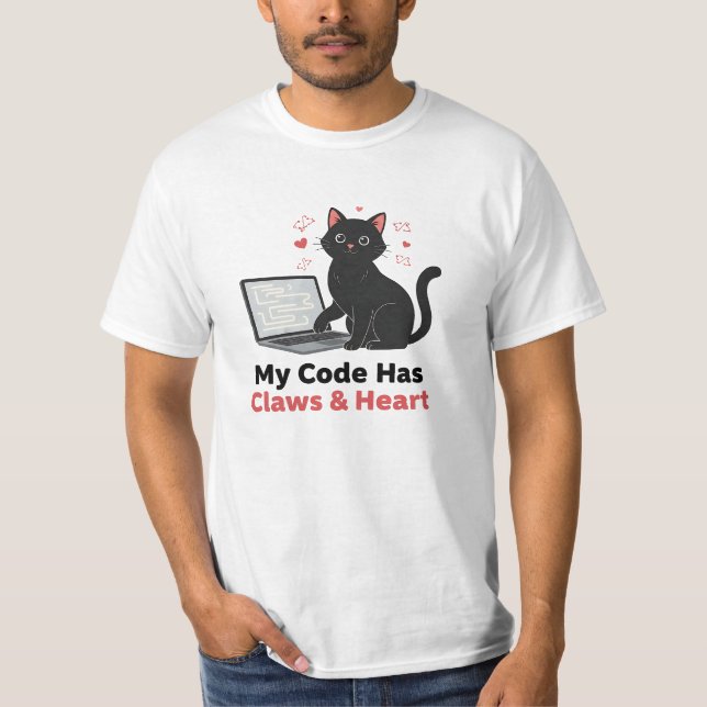 My Code Has Claws & Heart Black Cat Web Developer T-Shirt (Front)