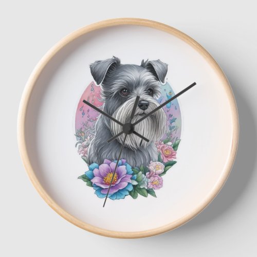 My cute Schnauzer dog and his flowers   Clock