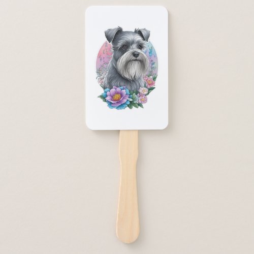 My cute Schnauzer dog and his flowers   Hand Fan