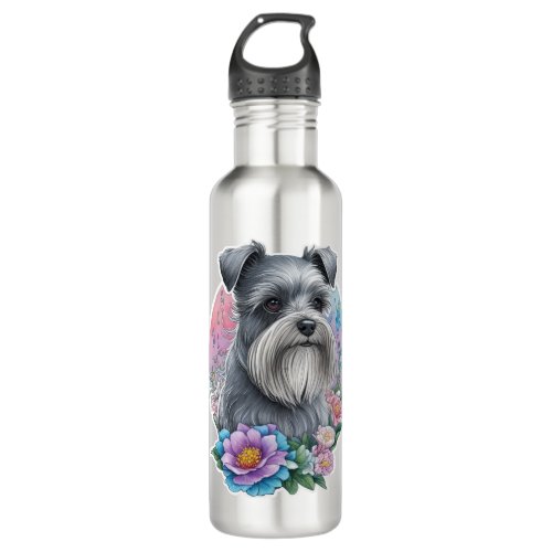 My cute Schnauzer dog and his flowers   Stainless Steel Water Bottle