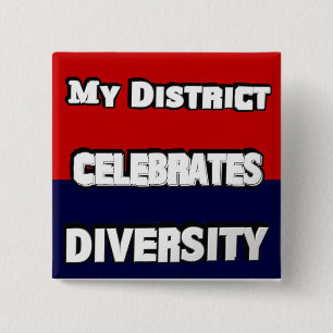 My District Celebrates Diversity Red & Blue Square Pinback Button