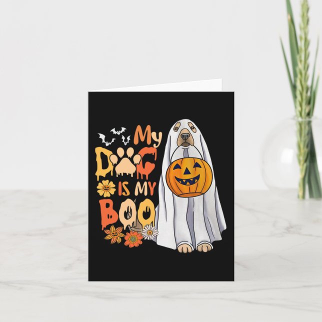 My Dog Is Boo Halloween Cute Dog With Pumpkin Fall Card (Front)