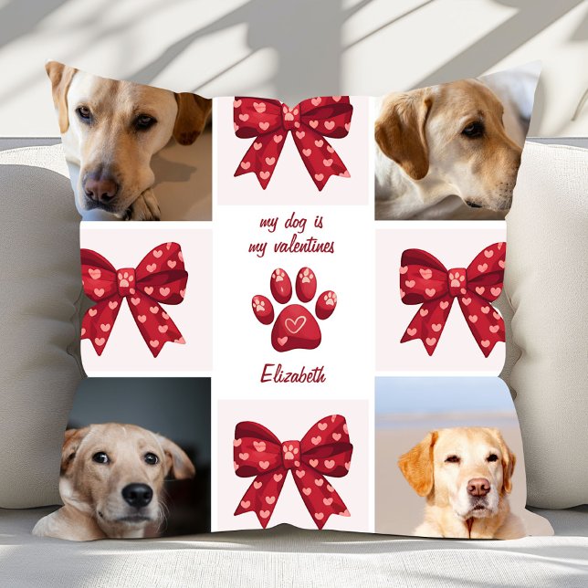 My Dog Is My Valentines Bow 4 Photos Throw Pillow (Creator Uploaded)