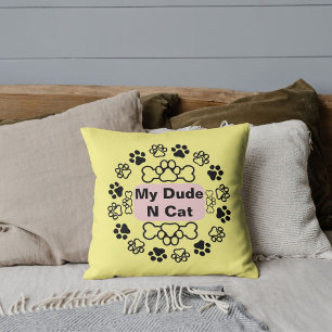My Dude And Cat Funny Cute Modern Pet Paw Yellow Throw Pillow