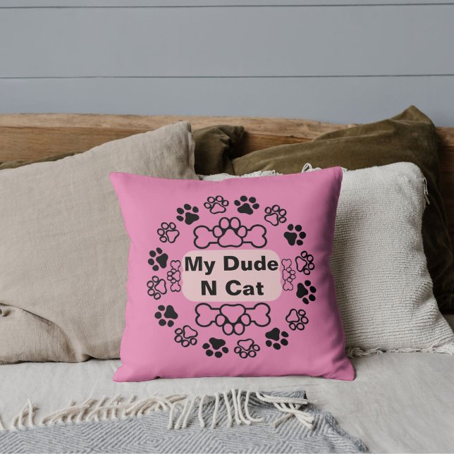 My Dude And Cat Funny Retro Cute Modern Paw Pink Throw Pillow (Creator Uploaded)