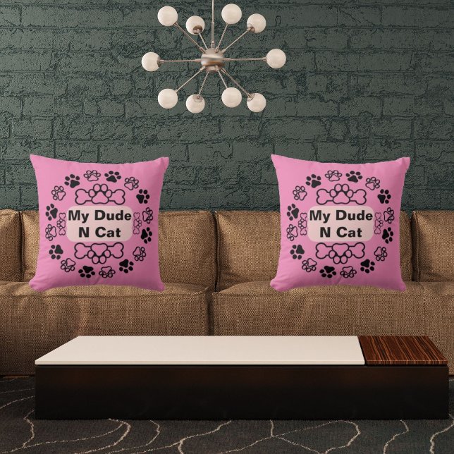 My Dude And Cat Funny Retro Cute Modern Paw Pink Throw Pillow (Creator Uploaded)