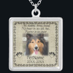 My Faithful Friend Pet Sympathy Custom Burlap Silver Plated Necklace<br><div class="desc">My faithful, loving friend, No longer by my side, but... forever in my heart. With a black decorative swirl frame and paw prints shaped like hearts with a brown / beige burlap background. Pet poem that goes for dogs, cats, or any pets with paws. Pay tribute to a loved pet...</div>