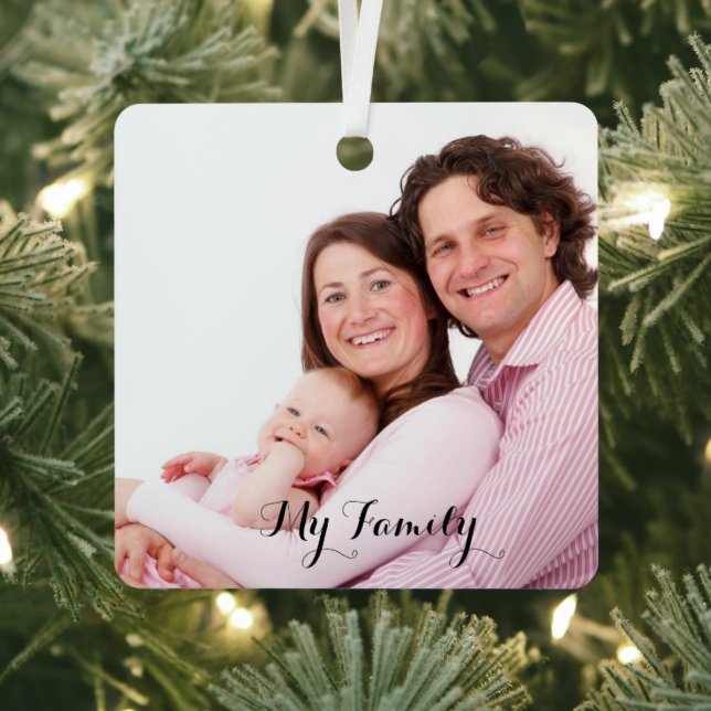 my family,modern calligraphy,holiday photo metal ornament (Insitu)