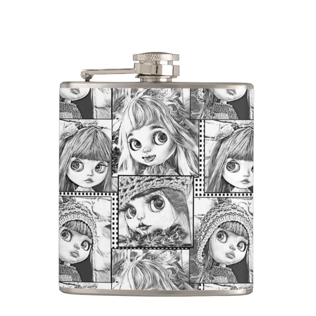 My favorite black and white patchwork dolls  flask (Front)