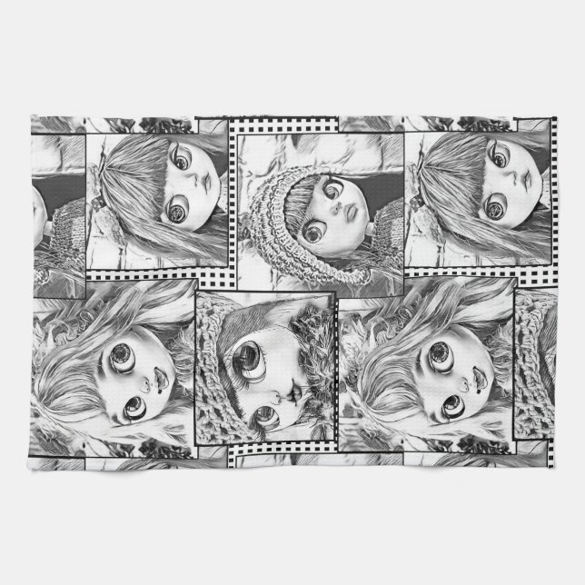 My favorite black and white patchwork dolls  kitchen towel (Horizontal)