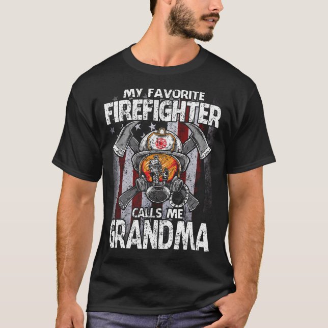 My Favorite Firefighter Calls Me GRANDMA USA Flag T-Shirt (Front)