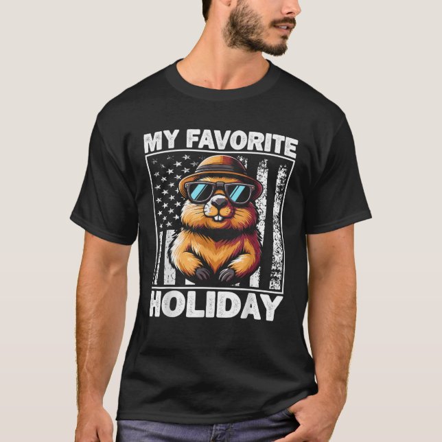 My Favorite Holiday Ground Hog USA Flag Groundhog  T-Shirt (Front)