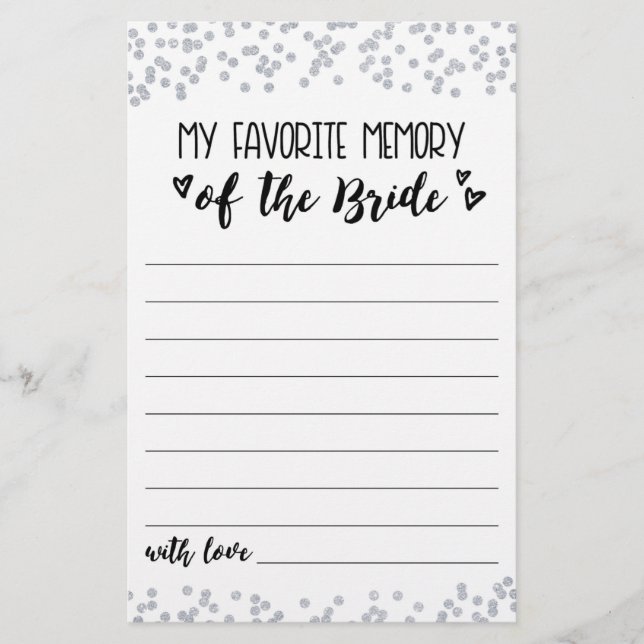 My favorite memory Bridal Shower or Hen Party game (Front)