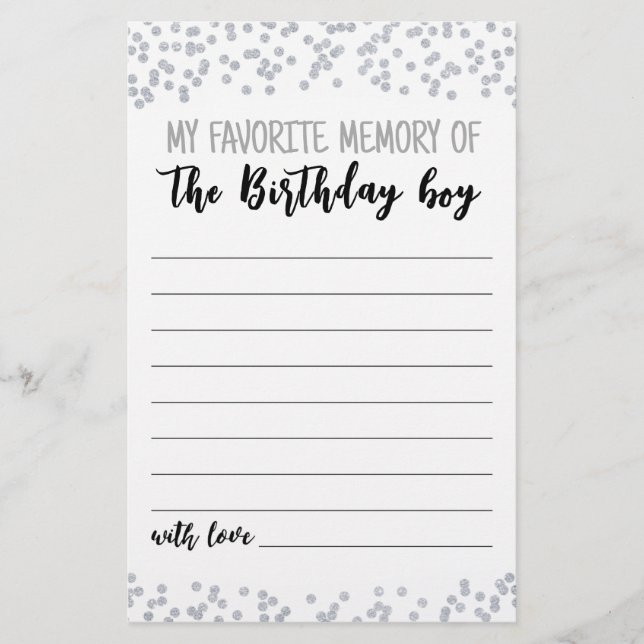 My Favorite memory of the Birthday boy Party game (Front)