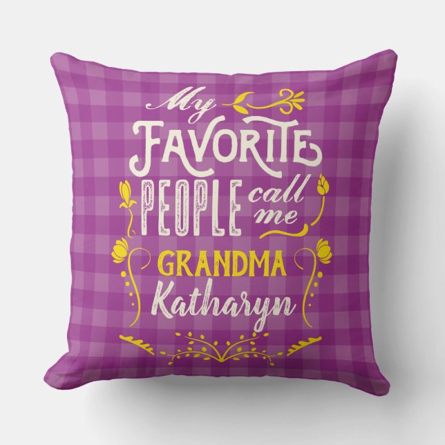 My Favorite People Call Me Grandma Purple Gingham Throw Pillow (Front)