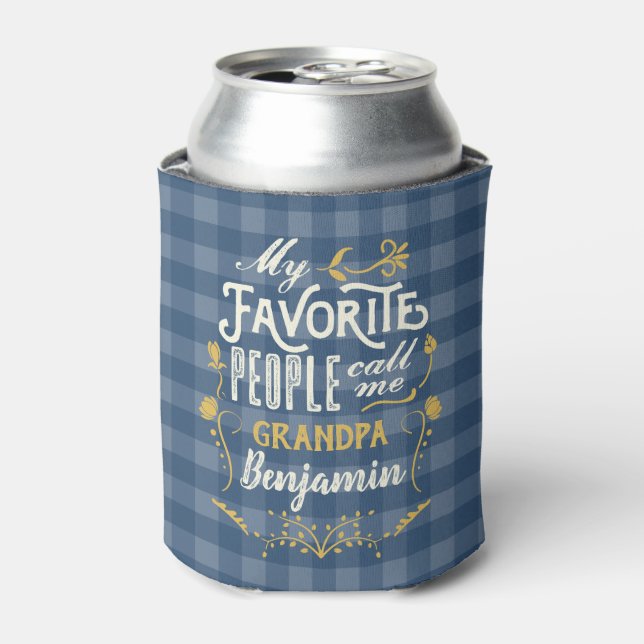My Favorite People Call Me Grandpa Blue Gingham Can Cooler (Can Front)
