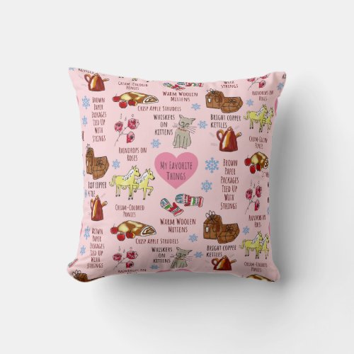 My Favorite Things Hand_Drawn Whimsical Pink Throw Pillow