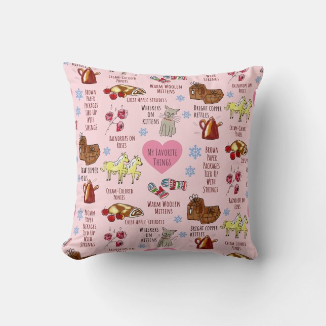 My Favorite Things Hand-Drawn Whimsical Pink Throw Pillow (Front)
