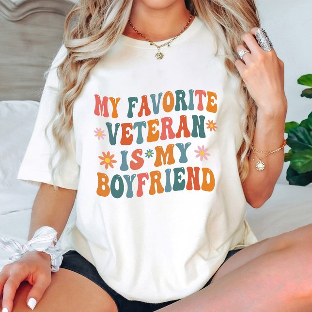 My Favorite Veteran Is My Boyfriend Groovy White T-Shirt (My Favorite Veteran Is My Boyfriend Groovy White T-Shirt)