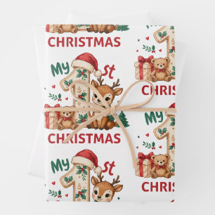My First 1st Christmas Baby Deer Santa Hat Holiday Wrapping Paper Sheets