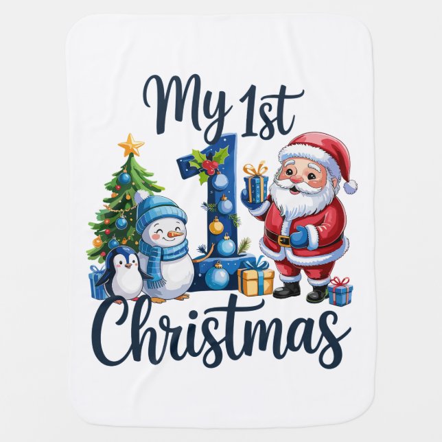 My First 1st Christmas Blue Baby Boy Xmas Snowman Baby Blanket (Front)