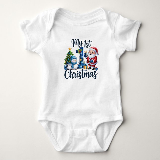 My First 1st Christmas Blue Baby Boy Xmas Snowman Baby Bodysuit (Front)