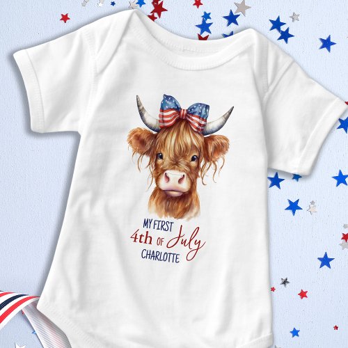 My First 4th of July Cute Patriotic Highland Cow Baby Bodysuit