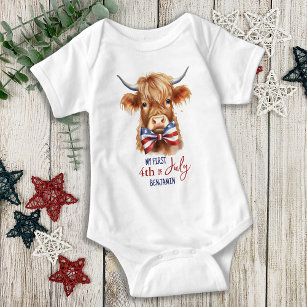 My First 4th of July Patriotic Cute Highland Cow Baby Bodysuit