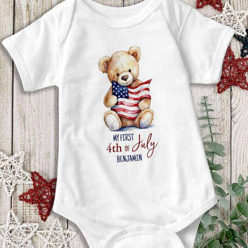 My First 4th of July Patriotic Cute Teddy Bear Baby Bodysuit