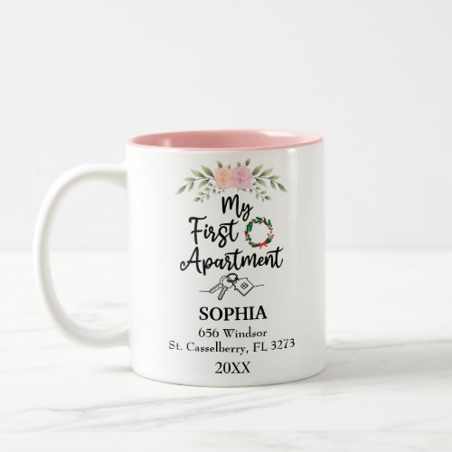 My First Apartment 2024 With Watercolor flowers Two_Tone Coffee Mug