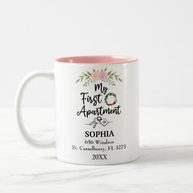 My First Apartment 2025 With Watercolor flowers Two-Tone Coffee Mug (Left)