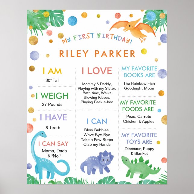 My First Birthday 1 Year Old Dinosaur Sign (Front)