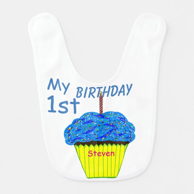 My First Birthday Blue Frosting Chocolate Cupcake Baby Bib (Front)