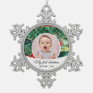 My first birthday christmas glitter snowflake pewter christmas ornament