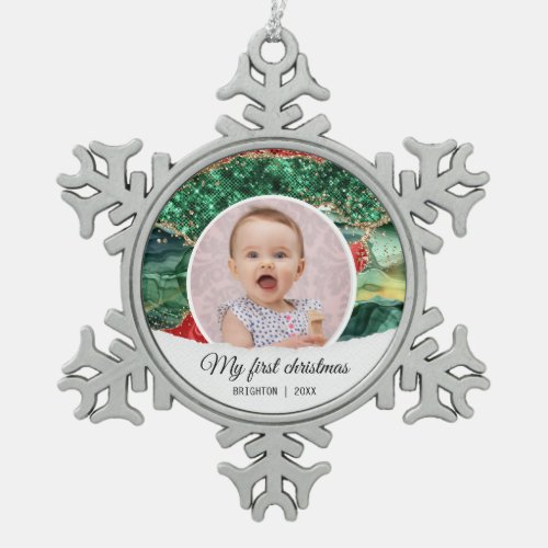 My first birthday christmas glitter   snowflake pewter christmas ornament