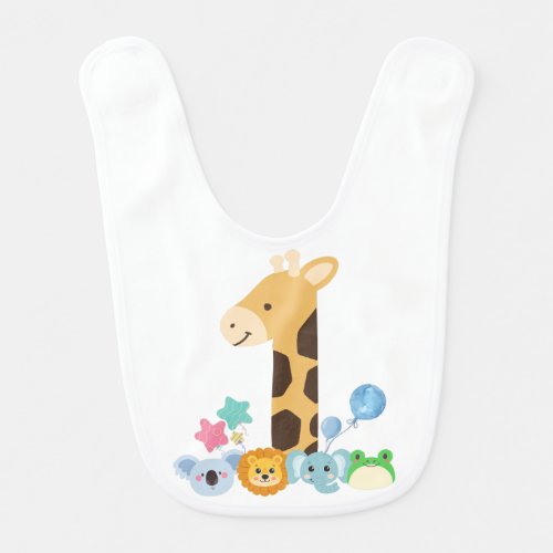 My First Birthday Giraffe and Happy Animals Desig Baby Bib