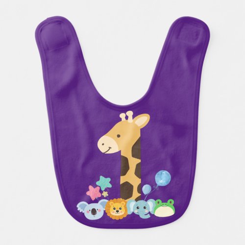 My First Birthday Giraffe and Happy Animals Desig Baby Bib